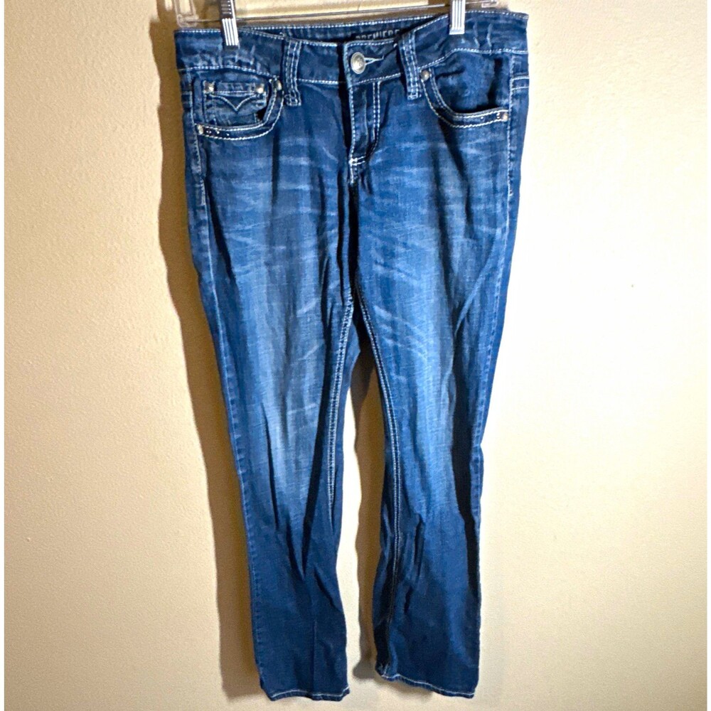 Premiere by rue21 Girls Slim Bootcut Blue Denim Jeans Embroidered Studded 9/10R